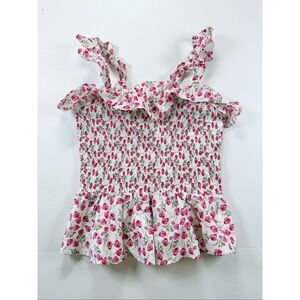 J.Crew Liberty Fabric Floral Smocked Ruffle Top XXS White Pink Cotton Preppy EUC